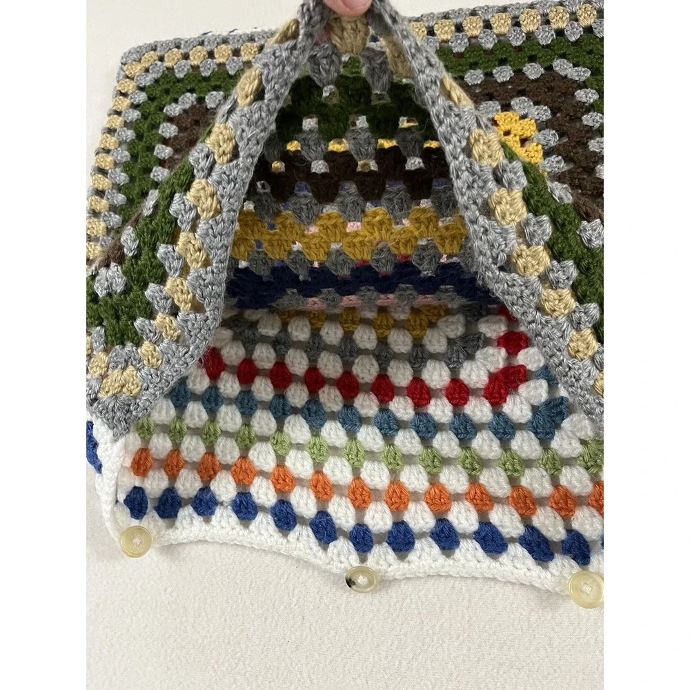 Crochet Pillow Sham Square Colorful Rainbow Handmade Cottage Boho Granny‎ Artsy